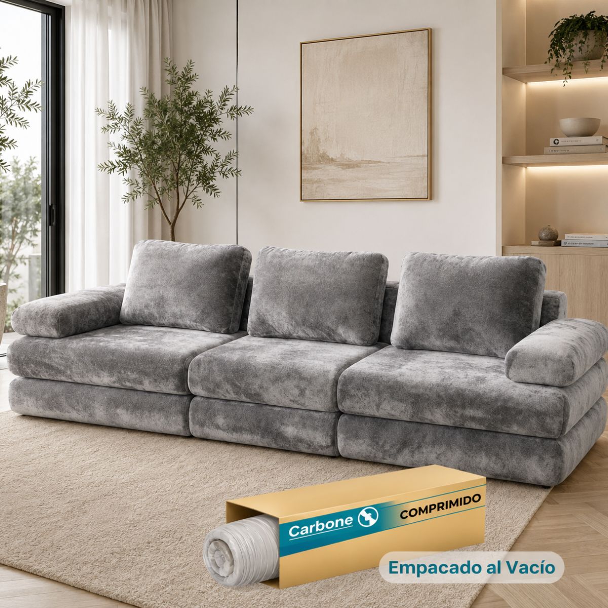 Sofá Modular Luxury de 3 Puestos Empacado al Vacío. Espuma 3D y 32D de Alta Densidad con Fundas parcialmente removibles (308x100x65cm). Color gris claro.