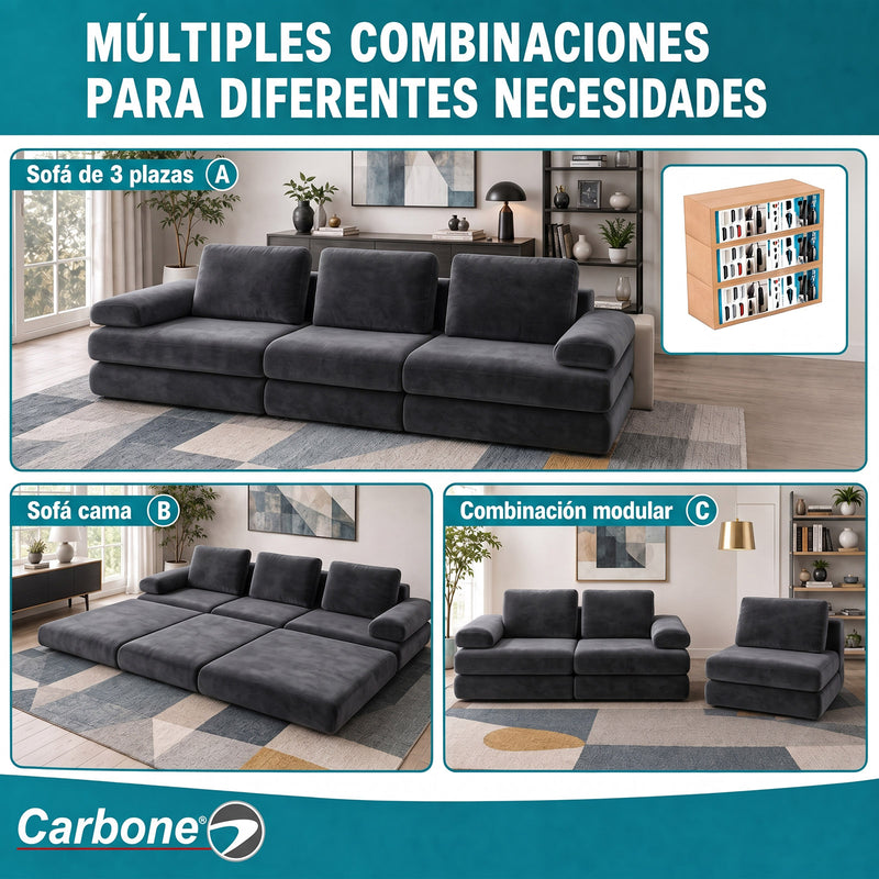 Sofá Modular Luxury de 3 Puestos Empacado al Vacío. Espuma 3D y 32D de Alta Densidad con Fundas parcialmente removibles (308x100x65cm). Color gris oscuro.