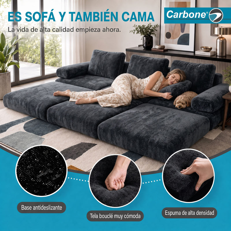 Sofá Modular Luxury de 3 Puestos Empacado al Vacío. Espuma 3D y 32D de Alta Densidad con Fundas parcialmente removibles (308x100x65cm). Color gris oscuro.