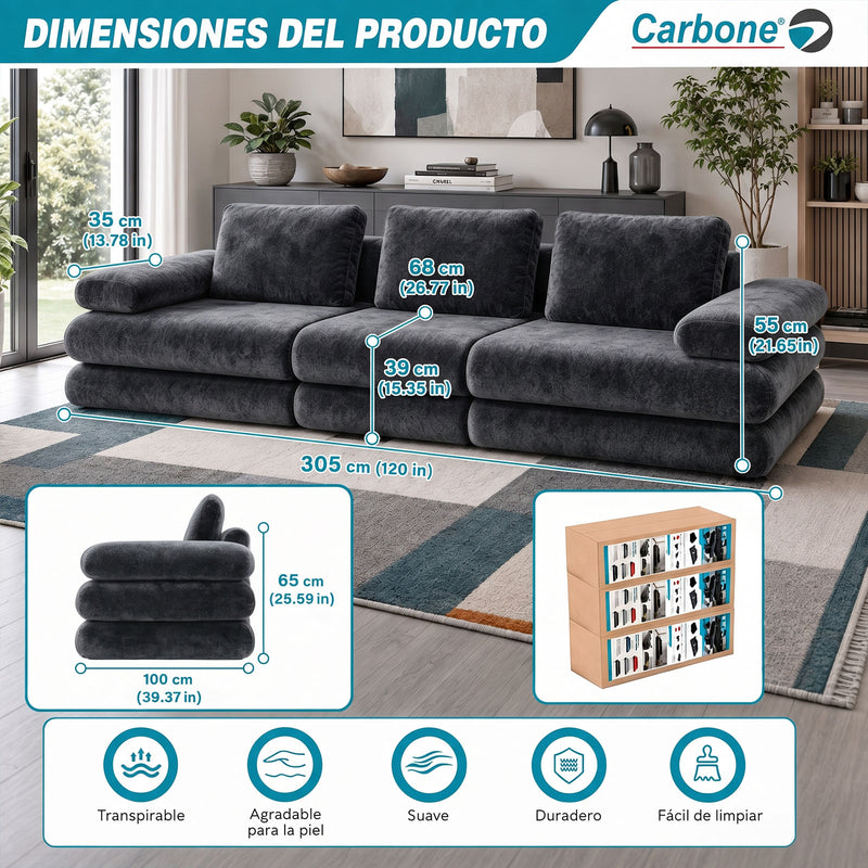 Sofá Modular Luxury de 3 Puestos Empacado al Vacío. Espuma 3D y 32D de Alta Densidad con Fundas parcialmente removibles (308x100x65cm). Color gris oscuro.