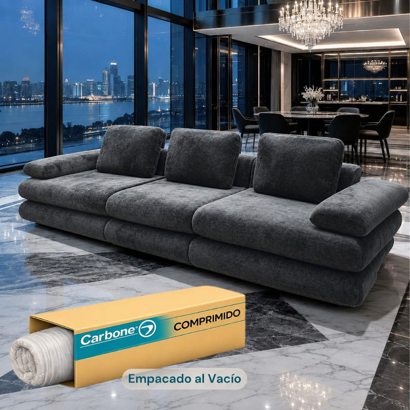 Sofá Modular Luxury de 3 Puestos Empacado al Vacío. Espuma 3D y 32D de Alta Densidad con Fundas parcialmente removibles (308x100x65cm). Color gris oscuro.