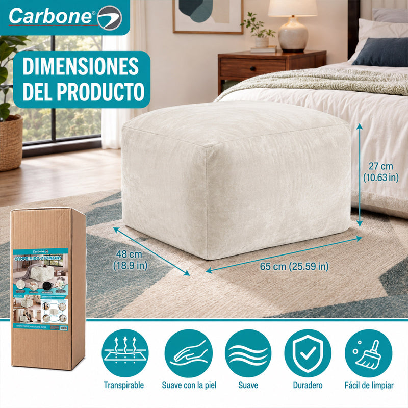 Ottoman Empacado al Vacío con Espuma 32D de Alta Densidad (65x48x27cm). Puff reposapiés. Color beige claro.