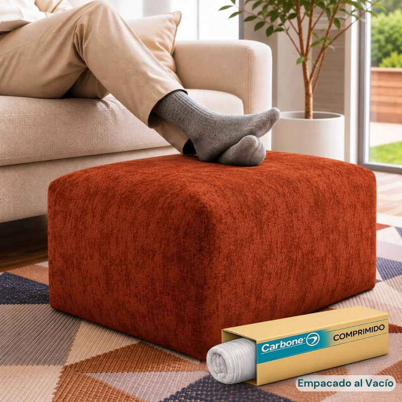Ottoman Empacado al Vacío con Espuma 32D de Alta Densidad (65x48x27cm). Puff reposapiés. Color anaranjado.