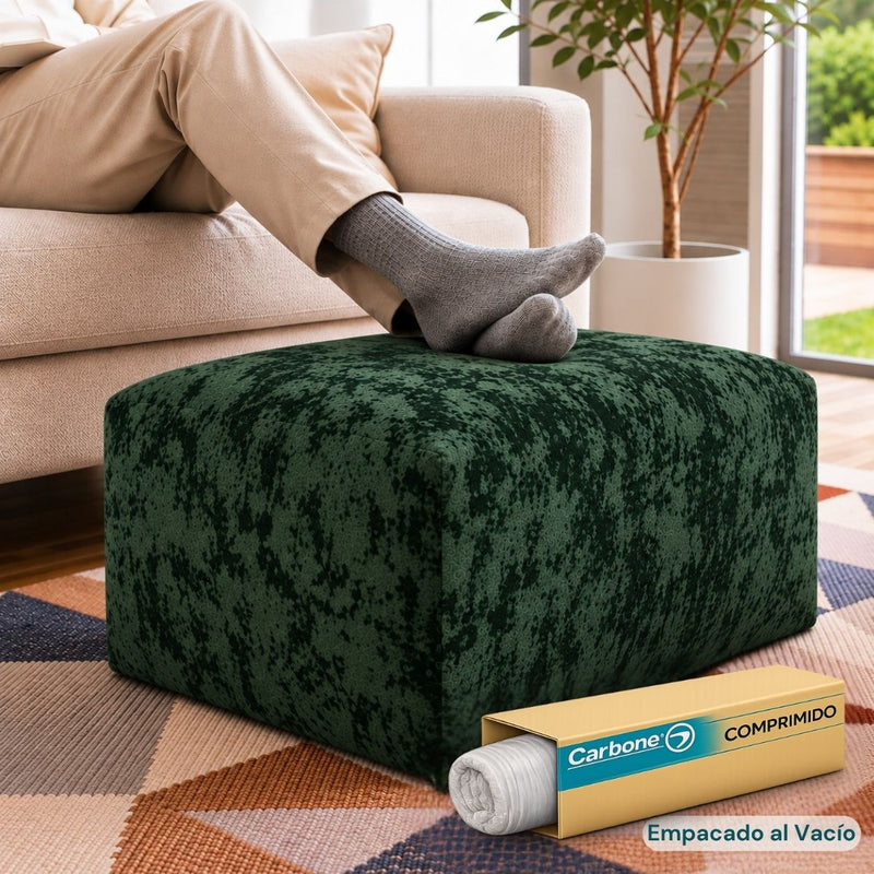 Ottoman Empacado al Vacío con Espuma 32D de Alta Densidad (65x48x27cm). Puff reposapiés. Color verde.