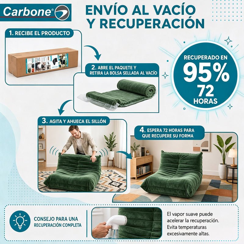 Sillón Individual Empacado al Vacío con Espuma 32D de Alta Densidad y Fundas Removibles (80x95x65cm). Color verde.