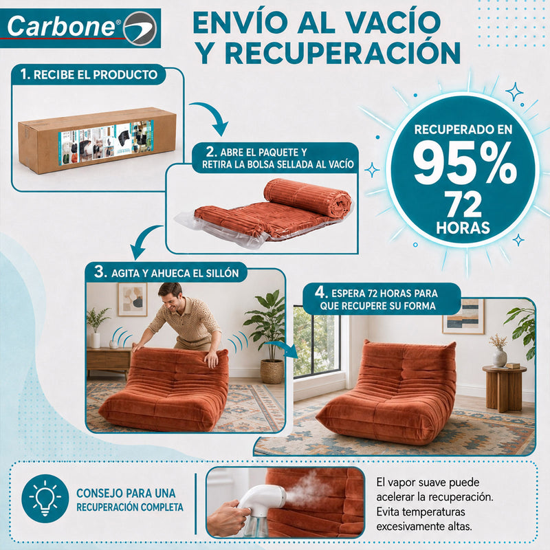 Sillón Individual Empacado al Vacío con Espuma 32D de Alta Densidad y Fundas Removibles (80x95x65cm). Color anaranjado.