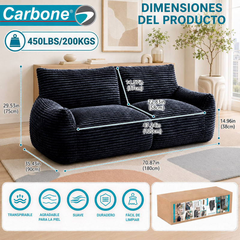 Sofá Moderno de 2 Puestos Empacado al Vacío con Espuma 32D Triturada (185x90x75cm). Color azul oscuro.