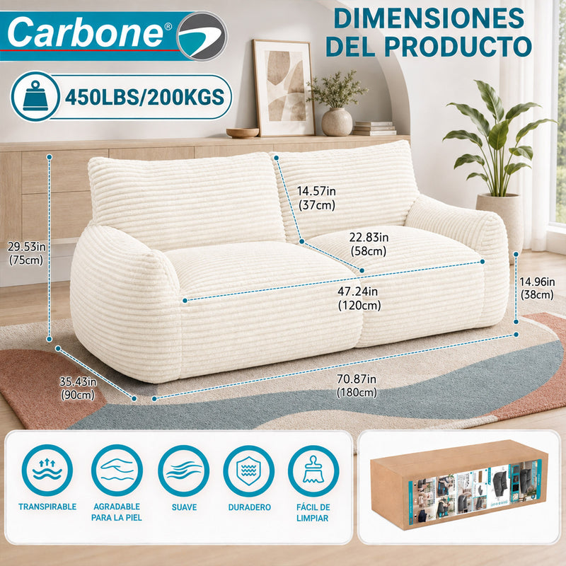 Sofá Moderno de 2 Puestos Empacado al Vacío con Espuma 32D Triturada (185x90x75cm). Color blanco.