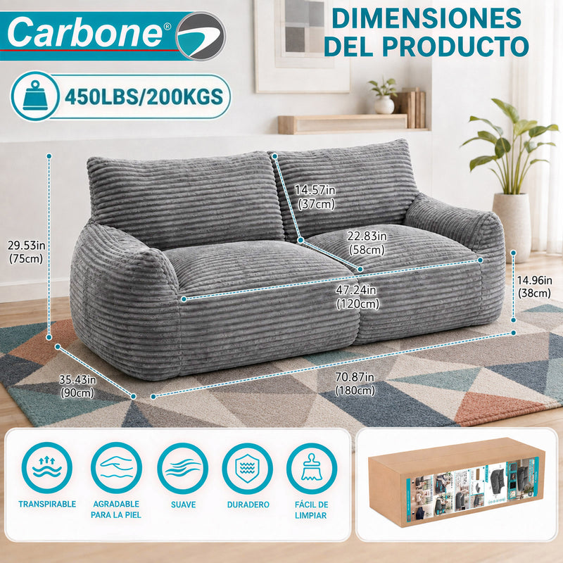 Sofá Moderno de 2 Puestos Empacado al Vacío con Espuma 32D Triturada (185x90x75cm). Color Gris.