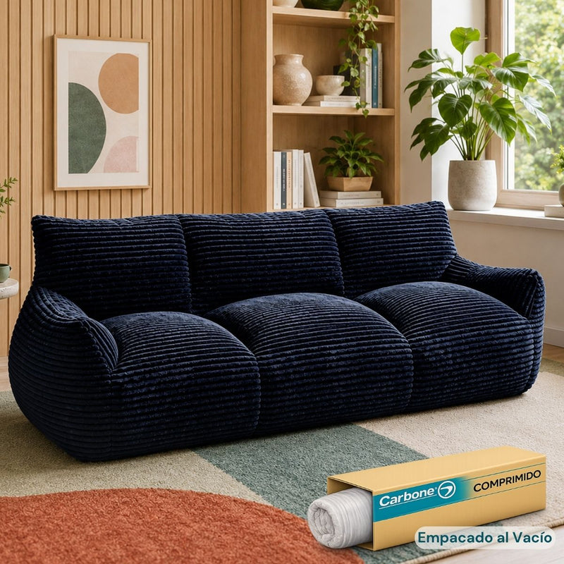 Sofá Moderno de 3 Puestos Empacado al Vacío con Espuma 32D Triturada (210x90x75cm). Color azul oscuro.