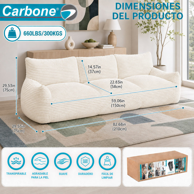 Sofá Moderno de 3 Puestos Empacado al Vacío con Espuma 32D Triturada (210x90x75cm). Color blanco.