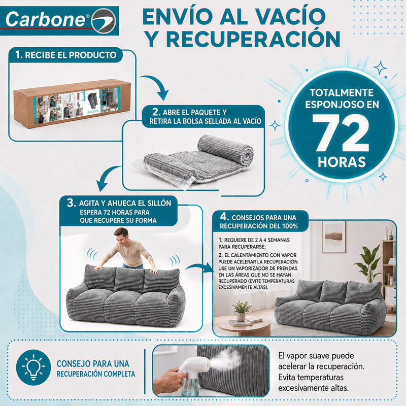 Sofá Moderno de 3 Puestos Empacado al Vacío con Espuma 32D Triturada (210x90x75cm). Color Gris.