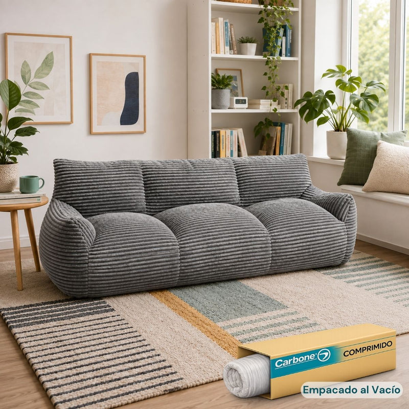 Sofá Moderno de 3 Puestos Empacado al Vacío con Espuma 32D Triturada (210x90x75cm). Color Gris.