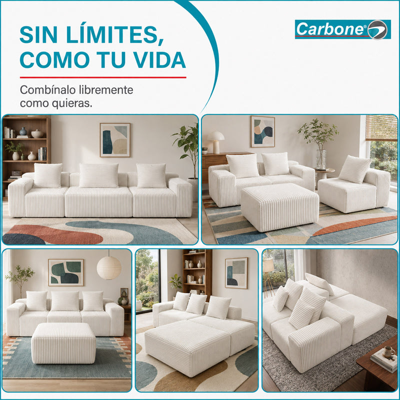 Sofá Modular de 3 Puestos Empacado al Vacío (271x96x63cm). Espuma 32D de Alta Densidad con Resortes y Fundas Removibles. Color Blanco.