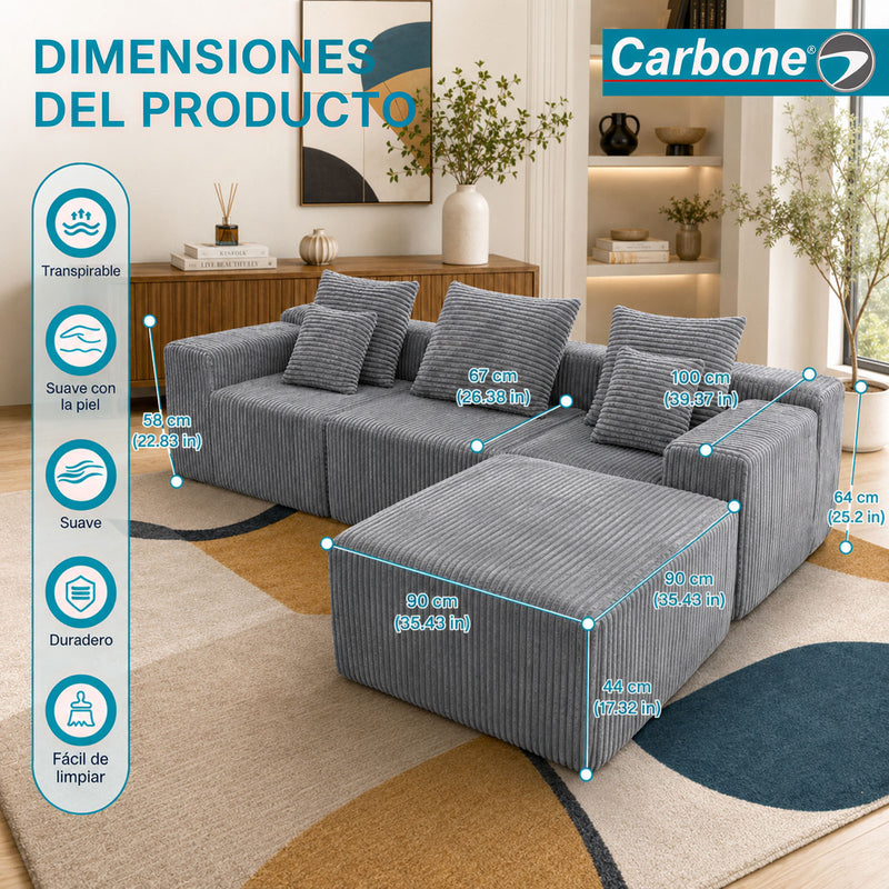 Sofá Modular de 3 Puestos Empacado al Vacío (271x96x63cm). Espuma 32D de Alta Densidad con Resortes y Fundas Removibles. Color gris.