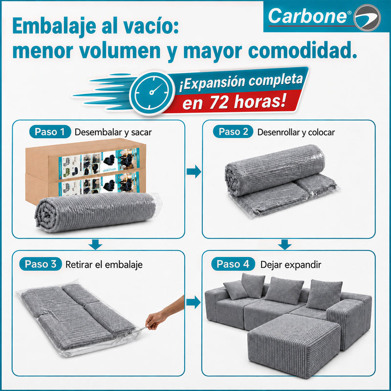 Sofá Modular de 3 Puestos Empacado al Vacío (271x96x63cm). Espuma 32D de Alta Densidad con Resortes y Fundas Removibles. Color gris.