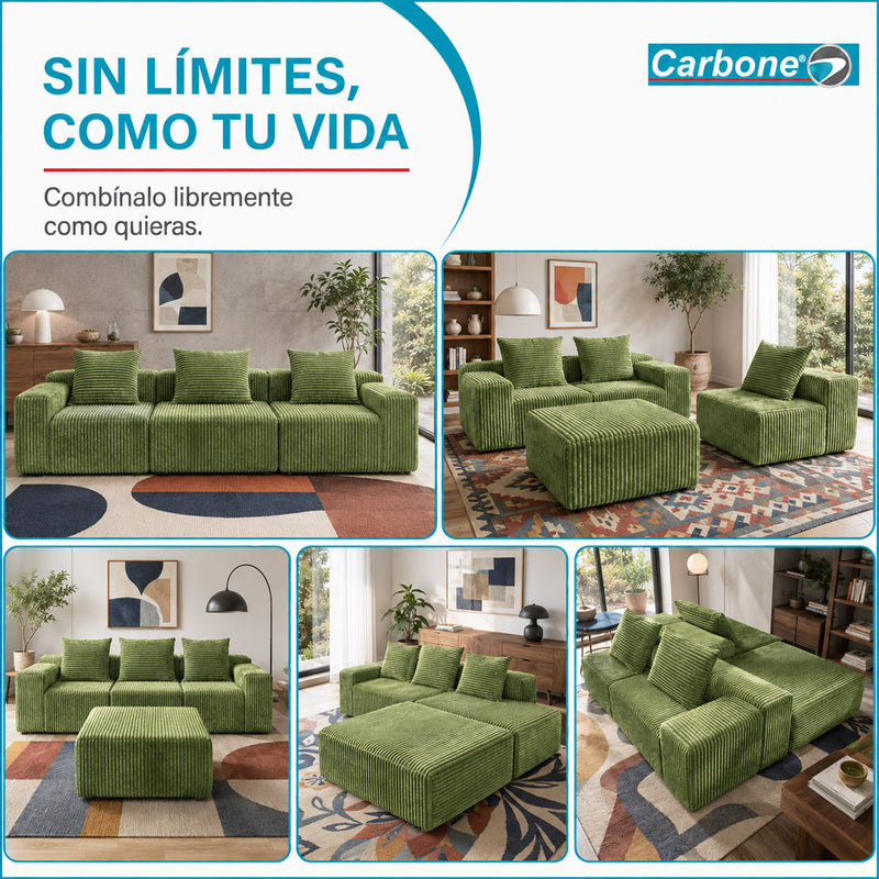 Sofá Modular de 3 Puestos Empacado al Vacío (271x96x63cm). Espuma 32D de Alta Densidad con Resortes y Fundas Removibles. Color verde.