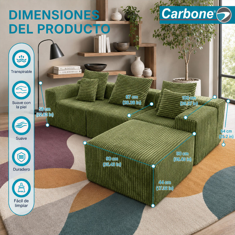 Sofá Modular de 3 Puestos Empacado al Vacío (271x96x63cm). Espuma 32D de Alta Densidad con Resortes y Fundas Removibles. Color verde.