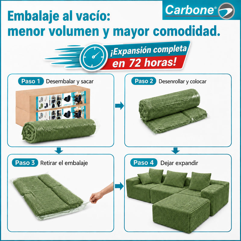 Sofá Modular de 3 Puestos Empacado al Vacío (271x96x63cm). Espuma 32D de Alta Densidad con Resortes y Fundas Removibles. Color verde.