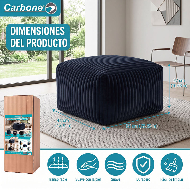 Ottoman Empacado al Vacío con Espuma 32D de Alta Densidad (65x48x27cm). Puff reposapiés. Color azul oscuro.