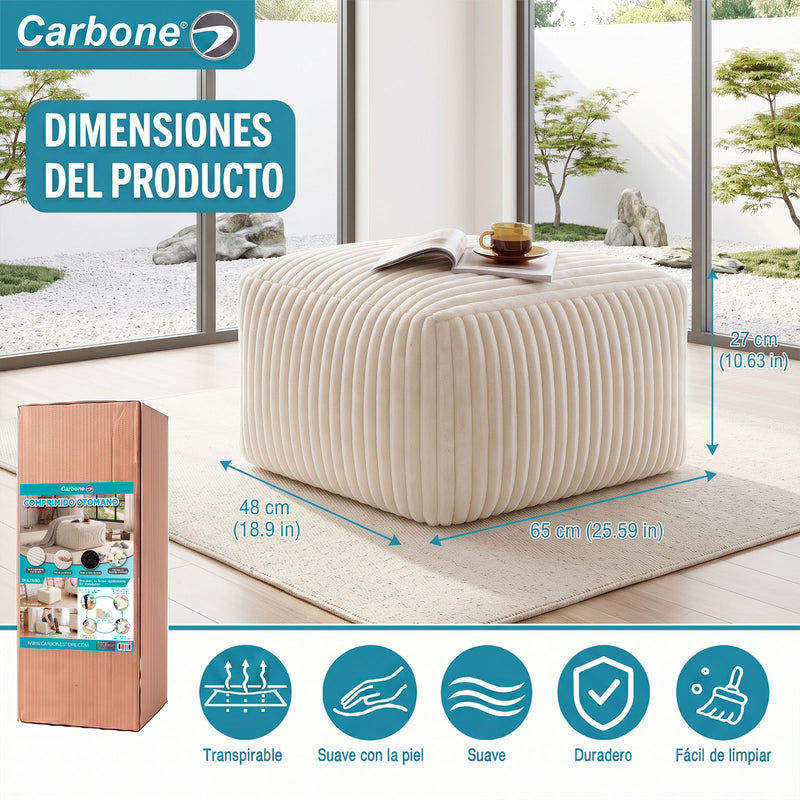 Ottoman Empacado al Vacío con Espuma 32D de Alta Densidad (65x48x27cm). Puff reposapiés. Color Blanco.