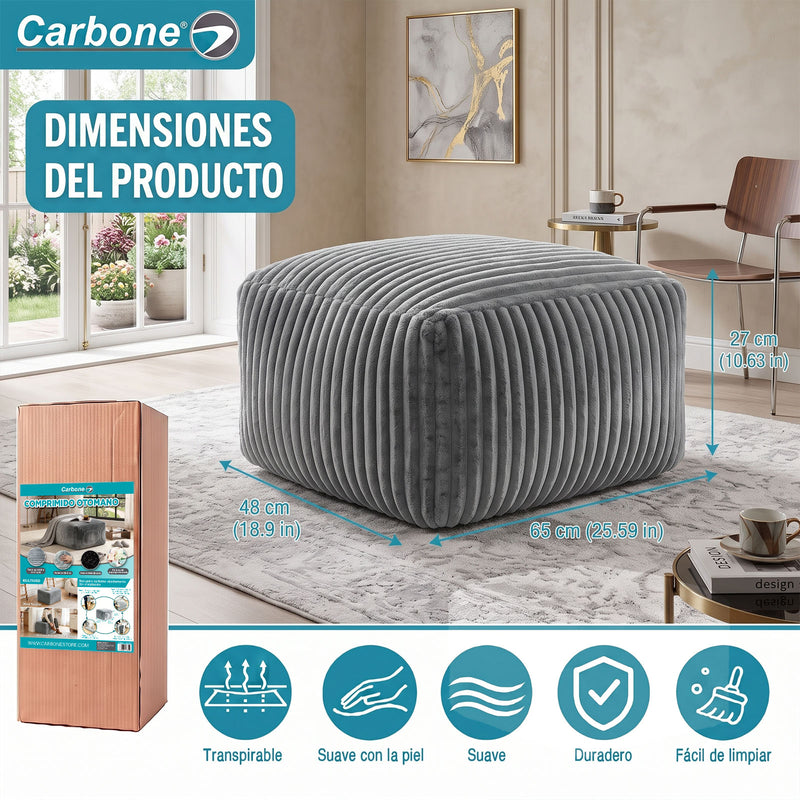 Ottoman Empacado al Vacío con Espuma 32D de Alta Densidad (65x48x27cm). Puff reposapiés. Color gris.