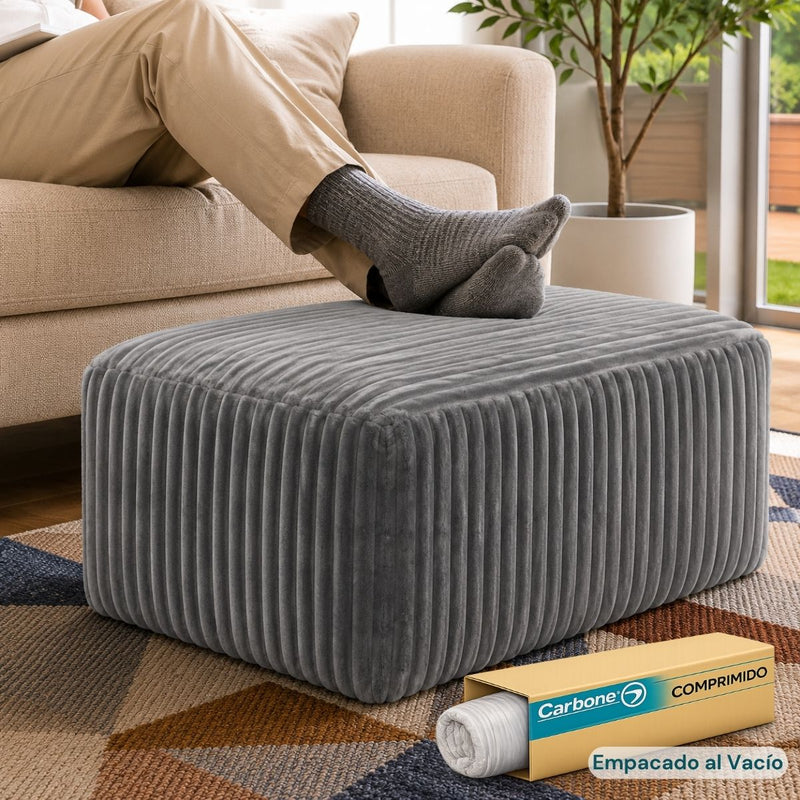 Ottoman Empacado al Vacío con Espuma 32D de Alta Densidad (65x48x27cm). Puff reposapiés. Color gris.