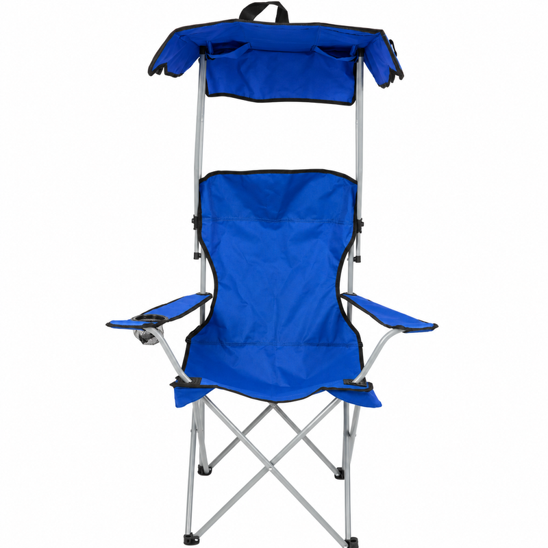 Silla Plegable Color Azul de 52x52x127cm con Portavasos y Techo Tela Oxford y Soportes de Acero. Ideal para camping, playera y jardín.
