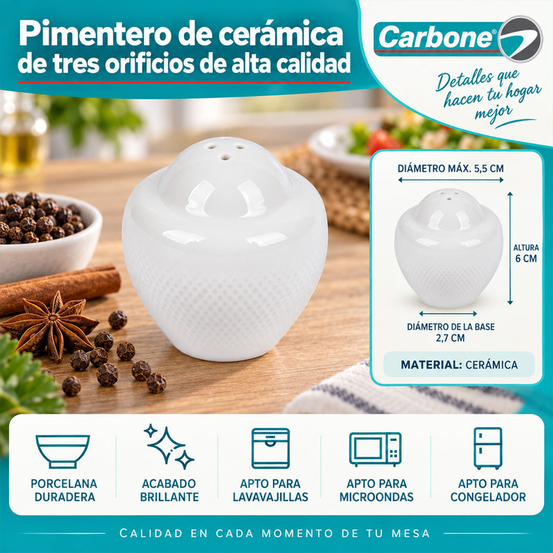 Salero Pimentero de Cerámica con 3 Orificios. Especiero de Mesa para Sal, Pimienta y Condimentos (unidad).