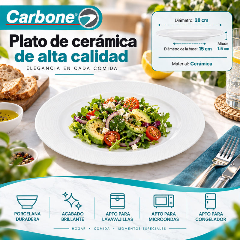 Plato de Cerámica de 11" (28cm). Diseño Redondo para Comidas, Platos Principales, Ensaladas y Acompañamientos.
