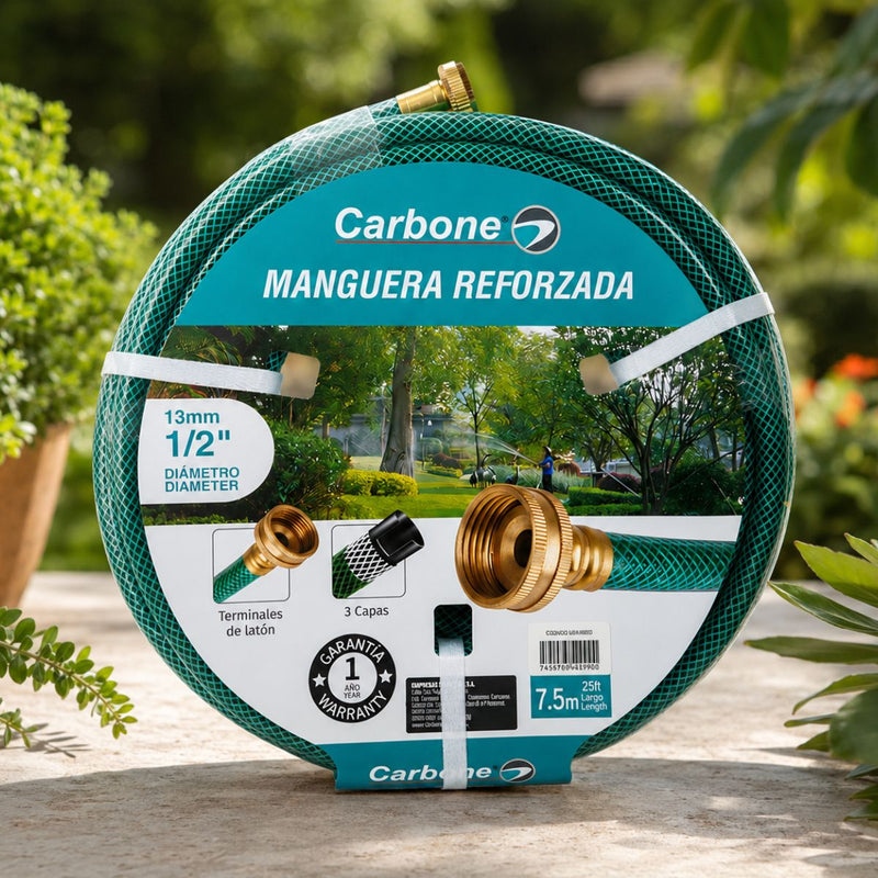 Manguera de Agua Para Jardín Reforzada ½" con 3 Capas y Conectores de Latón, PVC + Cobre, Resistente a Presión, Antitorsión, 25 Pies (7.6m)