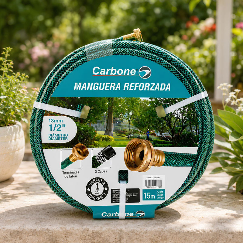 Manguera de Agua para Jardín Reforzada ½" con 3 Capas y Conectores de Latón, PVC + Cobre, Resistente a Presión, Antitorsión, 50 Pies (15.2m)