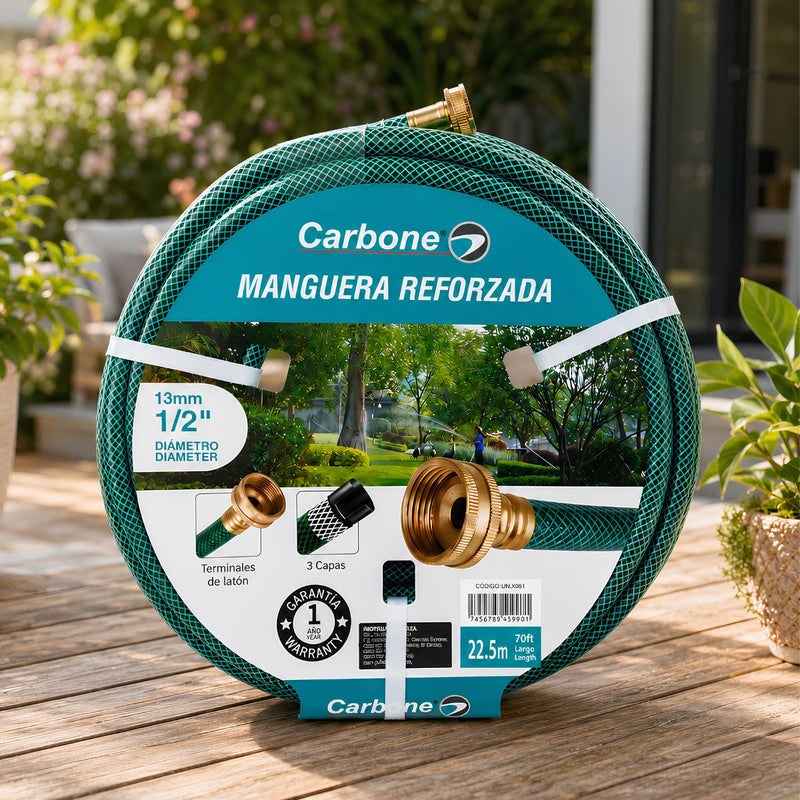 Manguera de Agua para Jardín Reforzada ½" con 3 Capas y Conectores de Latón, PVC + Cobre, Resistente a Presión, Antitorsión, 75 Pies (22.8m)