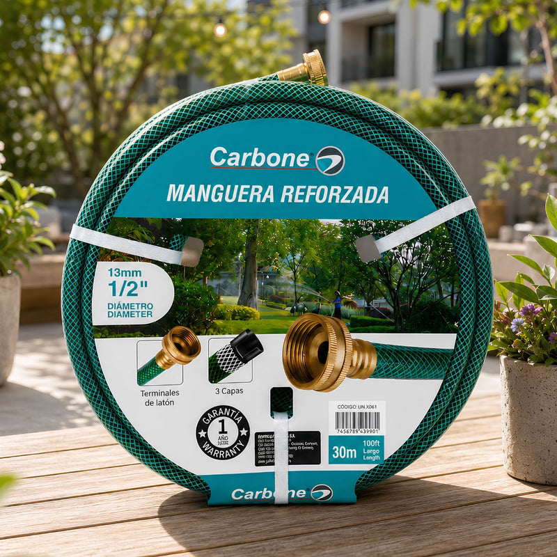 Manguera de Agua para Jardín Reforzada ½" con 3 Capas y Conectores de Latón, PVC + Cobre, Resistente a Presión, Antitorsión, 100 Pies (30.4m)
