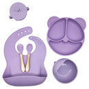 Plato De Silicona Para Bebé Con Divisiones + Set De Alimentación Completo Con Babero Recolector, Tazón, Vaso Con Pajilla Y Cubiertos (6 Piezas). Color morado.