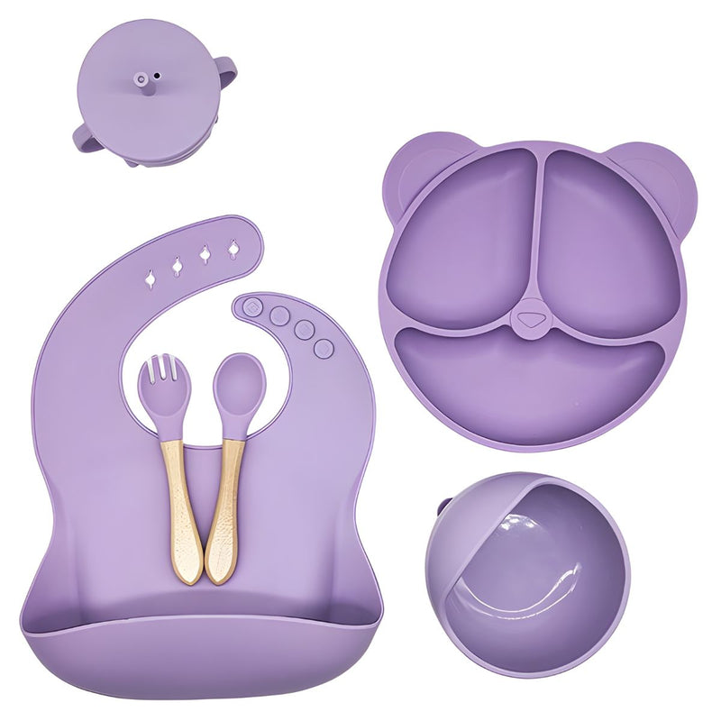 Plato De Silicona Para Bebé Con Divisiones + Set De Alimentación Completo Con Babero Recolector, Tazón, Vaso Con Pajilla Y Cubiertos (6 Piezas). Color morado.