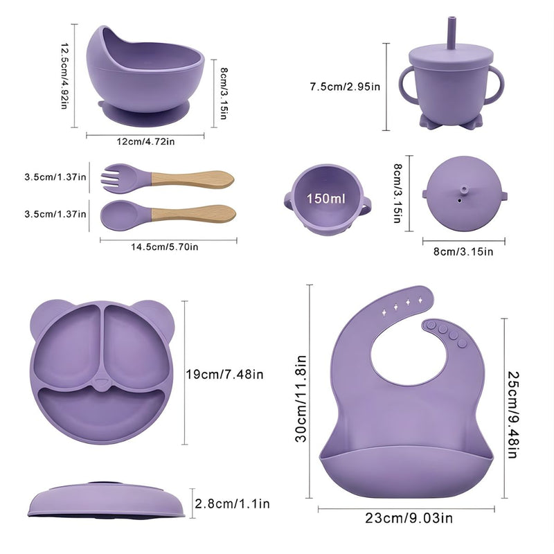 Plato De Silicona Para Bebé Con Divisiones + Set De Alimentación Completo Con Babero Recolector, Tazón, Vaso Con Pajilla Y Cubiertos (6 Piezas). Color morado.