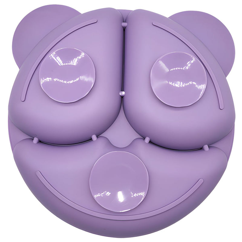 Plato De Silicona Para Bebé Con Divisiones + Set De Alimentación Completo Con Babero Recolector, Tazón, Vaso Con Pajilla Y Cubiertos (6 Piezas). Color morado.