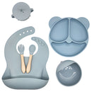 Plato De Silicona Para Bebé Con Divisiones + Set De Alimentación Completo Con Babero Recolector, Tazón, Vaso Con Pajilla Y Cubiertos (6 Piezas). Color azul claro.