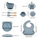 Plato De Silicona Para Bebé Con Divisiones + Set De Alimentación Completo Con Babero Recolector, Tazón, Vaso Con Pajilla Y Cubiertos (6 Piezas). Color azul claro.