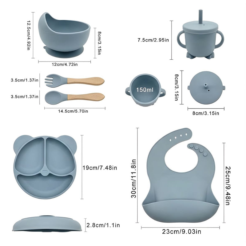Plato De Silicona Para Bebé Con Divisiones + Set De Alimentación Completo Con Babero Recolector, Tazón, Vaso Con Pajilla Y Cubiertos (6 Piezas). Color azul claro.