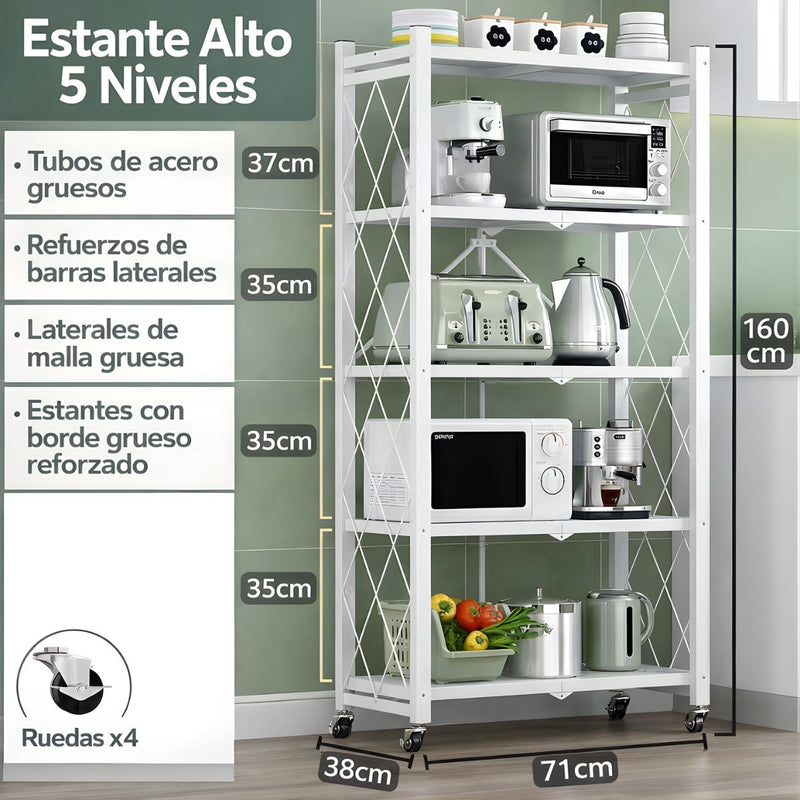 Estante Organizador plegable Con Ruedas (Color blanco). Estantería metálica. Repisas Para Almacenamiento Plegable Con 5 Niveles 160x71x38Cm.