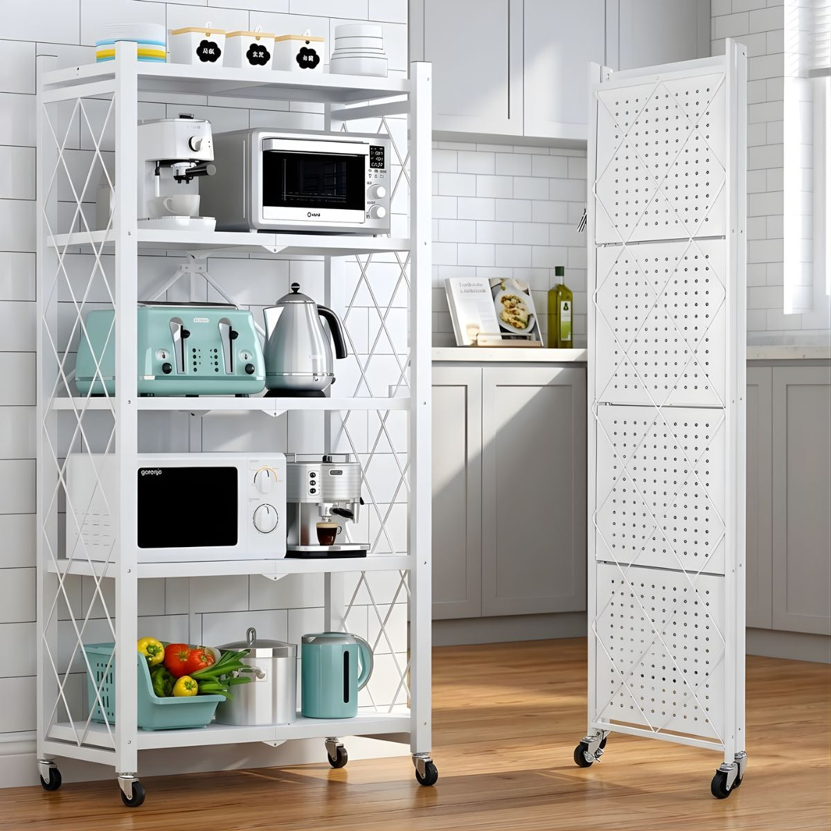 Estante Organizador plegable Con Ruedas (Color blanco). Estantería metálica. Repisas Para Almacenamiento Plegable Con 5 Niveles 160x71x38Cm.