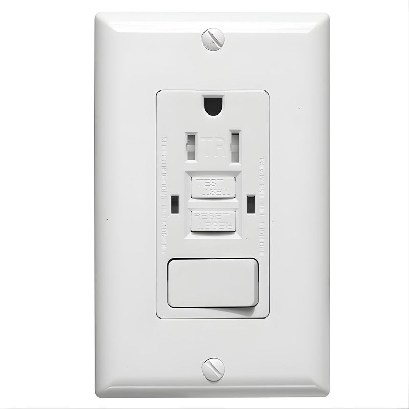 Tomacorriente GFCI 15A Combo Con Interruptor TR&WR. Enchufe De Seguridad Con Botón Reset/Test. A Prueba De Agua Y Con Protección Para Niños KG-15TWS.