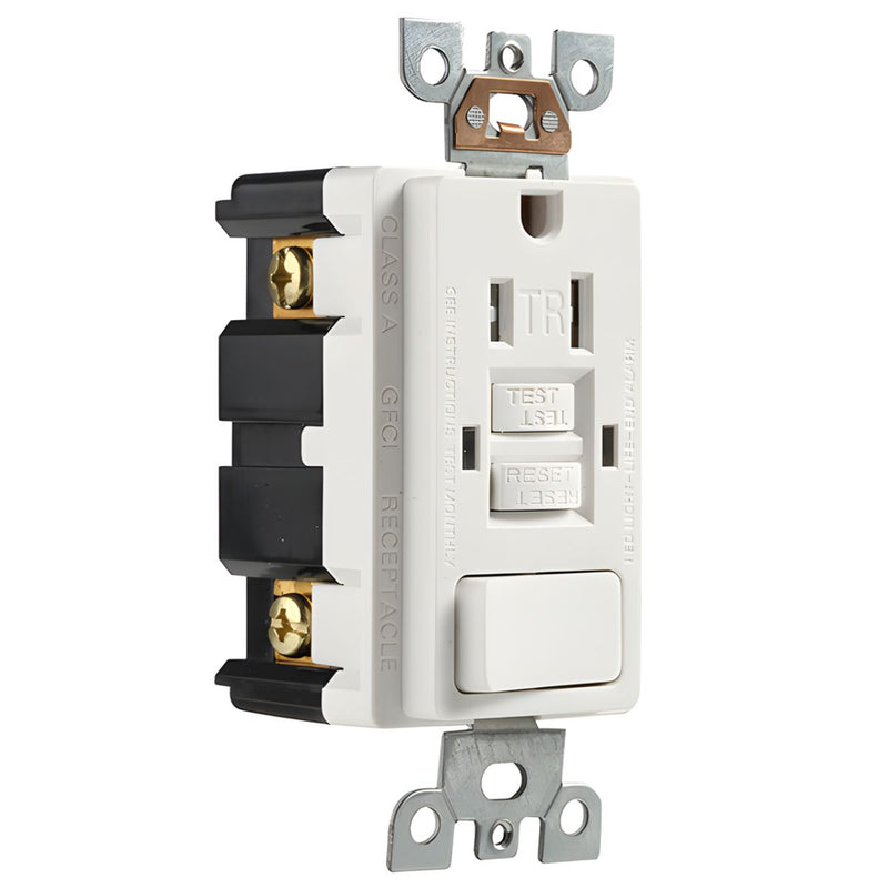 Tomacorriente GFCI 15A Combo Con Interruptor TR&WR. Enchufe De Seguridad Con Botón Reset/Test. A Prueba De Agua Y Con Protección Para Niños KG-15TWS.