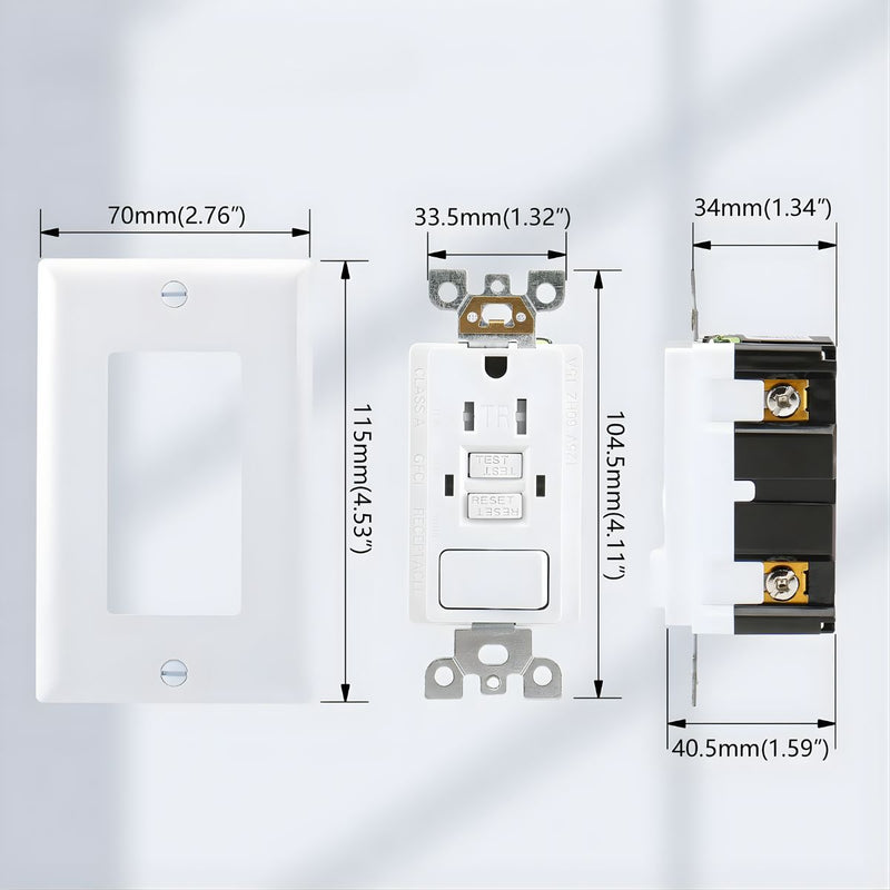 Tomacorriente GFCI 15A Combo Con Interruptor TR&WR. Enchufe De Seguridad Con Botón Reset/Test. A Prueba De Agua Y Con Protección Para Niños KG-15TWS.