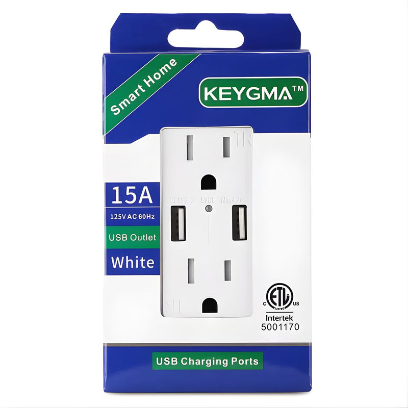 Tomacorriente Doble De Pared 15AMP Con USB Dual 5V 3.1A. Enchufe Con Cargador Para Dispositivos Electrónicos. Protección TR A Prueba De Manipulación KU-15T3.