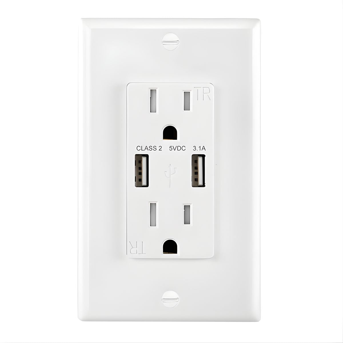 Tomacorriente Doble De Pared 15AMP Con USB Dual 5V 3.1A. Enchufe Con Cargador Para Dispositivos Electrónicos. Protección TR A Prueba De Manipulación KU-15T3.