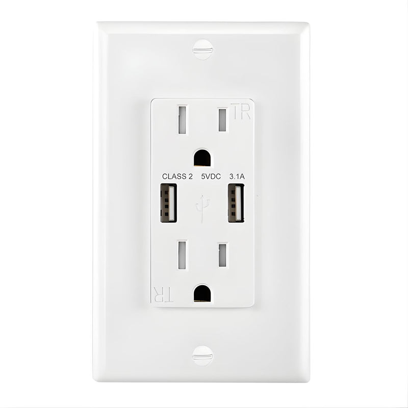 Tomacorriente Doble De Pared 15AMP Con USB Dual 5V 3.1A. Enchufe Con Cargador Para Dispositivos Electrónicos. Protección TR A Prueba De Manipulación KU-15T3.