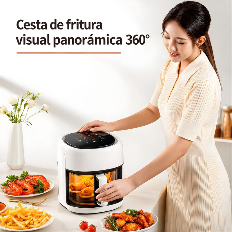 Freidora De Aire Digital De Vidrio 4.5L Con Pantalla Táctil. Air Fryer 1350W Con Circulación De Aire 360°. Color Blanco.
